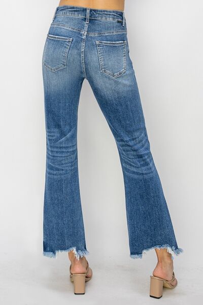 KESLEY High Waist Raw Hem Flare Jeans Cropped Anklet Length Denim Cotton