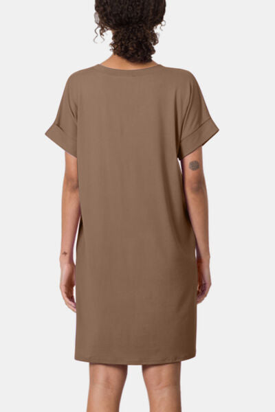 KESLEY Rolled Short Sleeve Casual V-Neck T Shirt Dress
