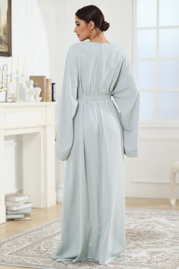 Solid Color Long Sleeve Flowy Maxi Dress Tunic Round Neck Kimono Sleeve Tie Waist Long Dress KESLEY