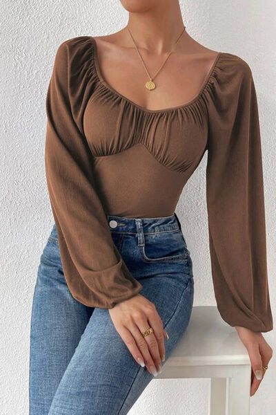 Ruched Balloon Long Sleeve Bodysuit Womens Shirts Tops