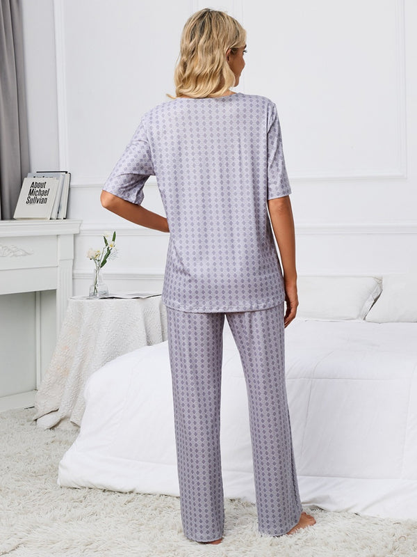 Ladies Pajamas Printed V-Neck Top and Pants Lounge Set