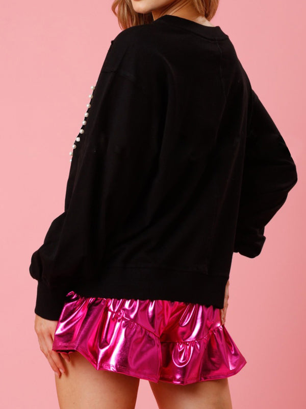 Pink Heart Shape Sweater Women's Fashion  Pearl Trim Round Neck Sweatshirt