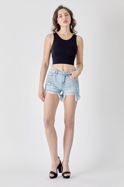 KESLEY Frayed Hem Denim Shorts with Fringe Detail Pockets