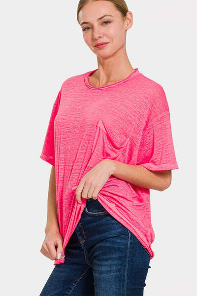 Pink T-Shirt Pocketed Round Neck Dropped Shoulder Top