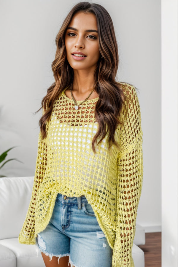 Yellow Crochet Long Sleeve Sweater Openwork Round Neck Dropped Shoulder Knit Top