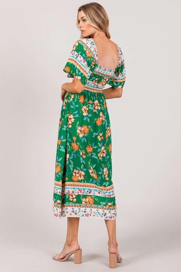 KESLEY Boho Printed Smocked Short Sleeve Midi Dress