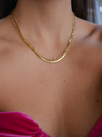 Herringbone Paperclip Layered Necklace, 18k Gold Plated Stainless Steel, Waterproof 2 in 1 Layered Necklace