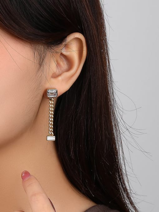 Rectangle Top Chain Earrings, Cubic Zirconia 18k Gold Plated Sterling Silver Statement Earrings