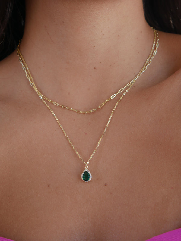 dainty  green and gold pear shape halo diamond cz necklace waterdrop style or tear drop necklace layering with paperclip style necklace dainty and popular trending on instagram and tiktok gift ideas for christmas cool trending necklaces and accessories for work and everyday waterproof necklaces that wont turn green Kesley Boutique