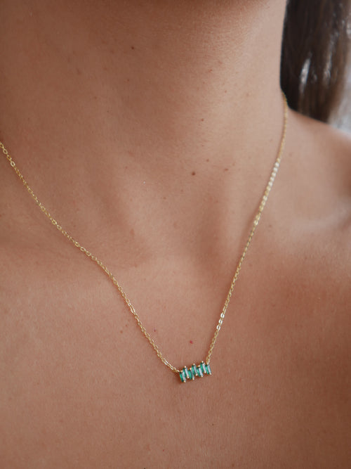necklaces, gold and green, rhinestone baguette cz, irregular cz necklace, dainty, necklaces, sterling silver, hypoallergenic, waterproof necklaces, everyday dainty necklaces, popular, trending, fashionable