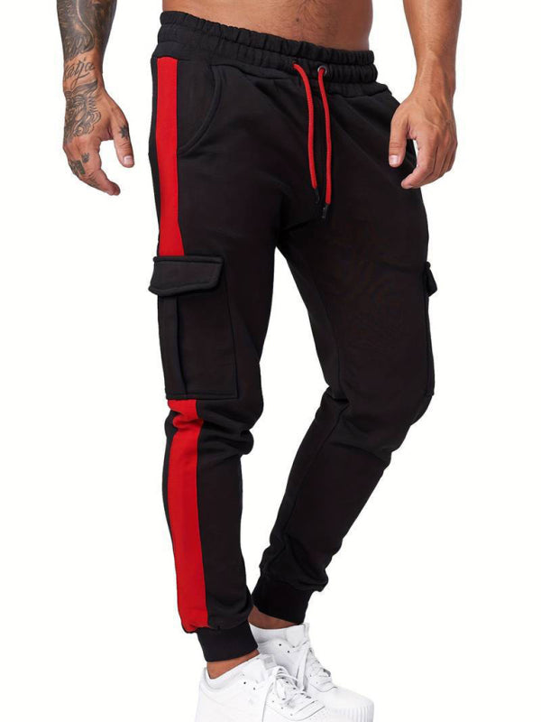 Men's athleisure multi-pocket velvet color-blocked cargo sweatpants