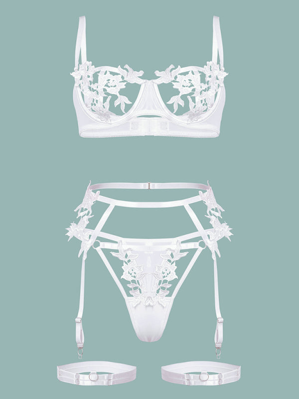 New sexy embroidered flower hollow sexy webbing underwire sexy lingerie set