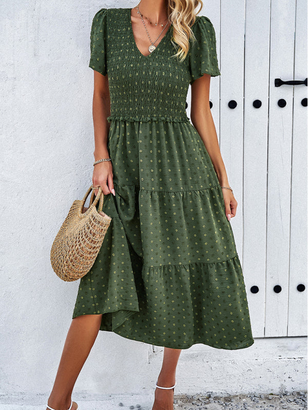 Women's casual solid color V-neck polka dot short-sleeved Midi dress