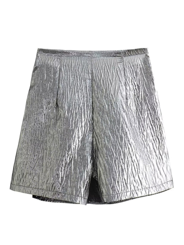 Women's metallic shiny knotted pleated Skort shorts with skirt