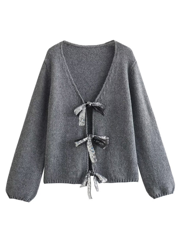 New sweater sequin bow top V-neck loose sweater New women's new sweater with sequined bow top