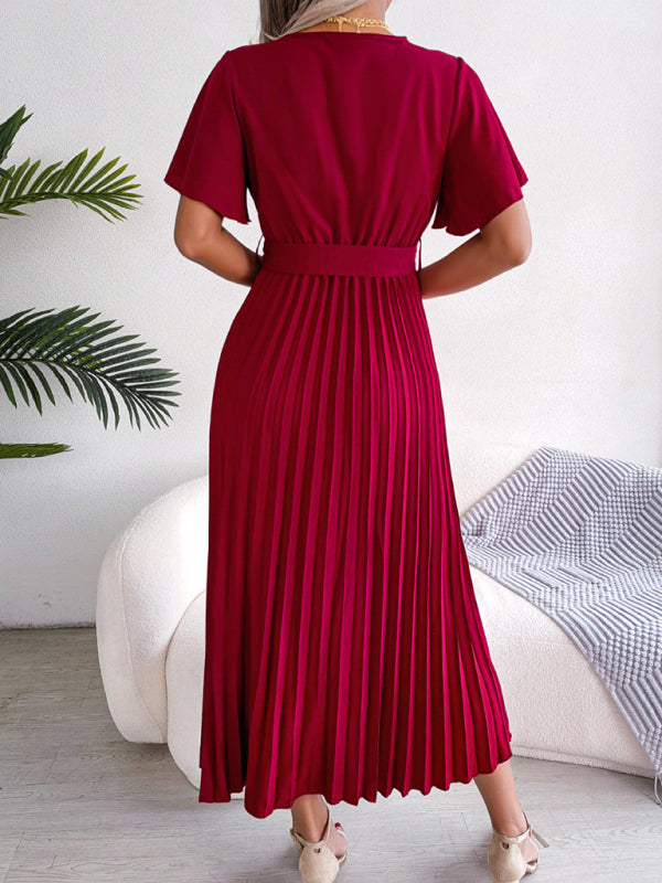 New women's temperament crossover V-neck pleated dress with wide hem