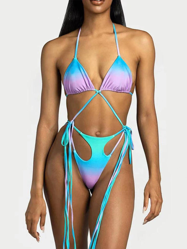 Women's new bikini gradient hollow fringed one-piece swimsuit
