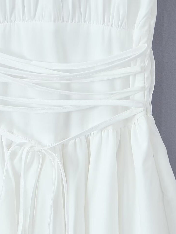 White Dress Stylish Hot Girl Square Neck Short Sleeve Tie Chest Splicing Dress