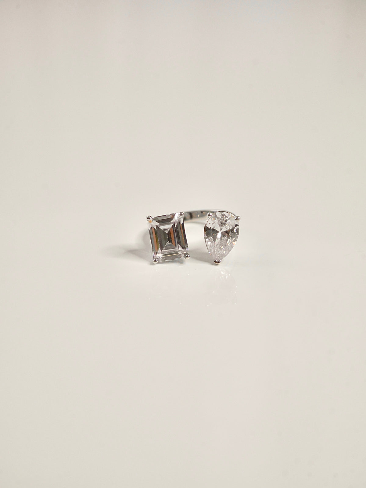 Double Zircon Statement Ring,  .925 Sterling Silver Pear and Square Zircon Adjustable Ring