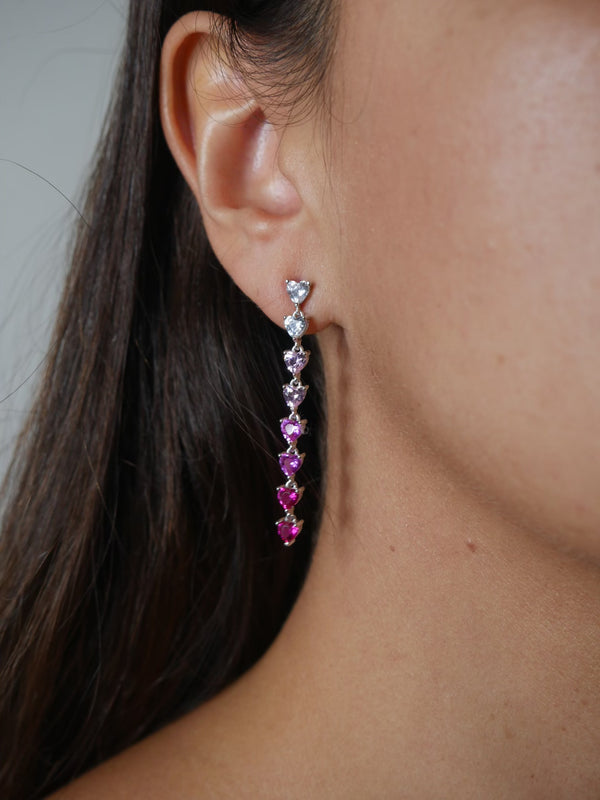 Pink Heart Earrings, Diamond CZ Long Drop Down Hearts .925 Sterling Silver Waterproof Earrings