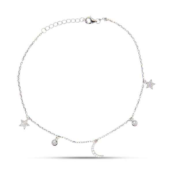 moon and star anklet with diamond cz rhinestones-.925 sterling silver waterproof, anklets in Brickell, jewelry store in Miami - Anklet that will not tarnish or turn green  Kesley Boutique