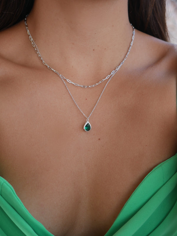 necklaces, green emerald, diamond cz, paperclip layered necklaces, white gold sterling silver .925, luxury designer necklaces waterproof, nickel free necklace, cubic zirconia  