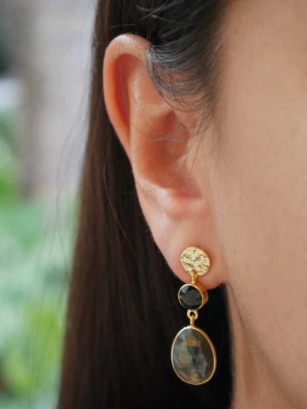 Gold statement earrings, real onyx and labradorite gemstones, waterproof, hypoallergenic, designer luxury earrings Kesley Boutique