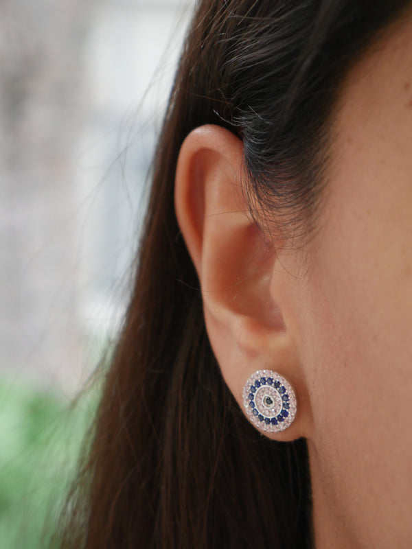 evil eye earrings pink round diamond cz rhinestone, waterproof, hypoallergenic for men and woman, large stud earrings designer inspired trending instagram and tiktok famous brands for sensitive ears shopping in Miami, Brickell, cute jewelry popular, trending on instagram reels and tiktok Kesley Boutique