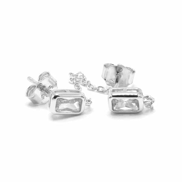 Luxury single earrings connected with chain, sterling silver-hypoallergenic, designer, luxury stud -earrings for second piercing and cartilage, valentines gift idea, anniversary, influencer accessories, popular on instagram and tiktok