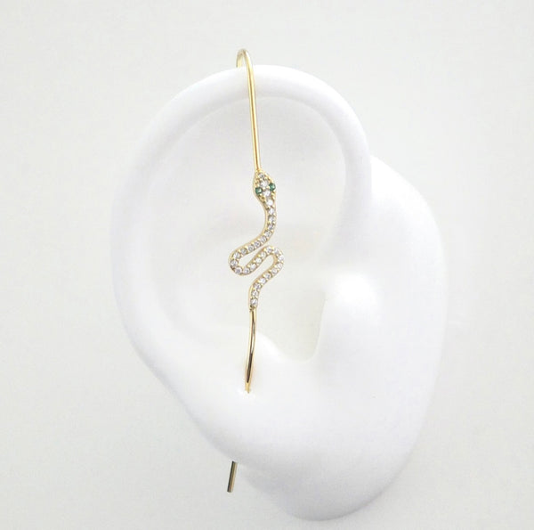 Ear pin earrings snake with diamond cz and green eyes ear cuffs cool ear cuffs snake ear cuffs for sensitive ears waterproof ear cuffs and ear crawlers, cool jewelry in Miami, Shopping in brickell, popular jewelry store in Miami, designer sterling silver jewelry gold plated earrings with snake