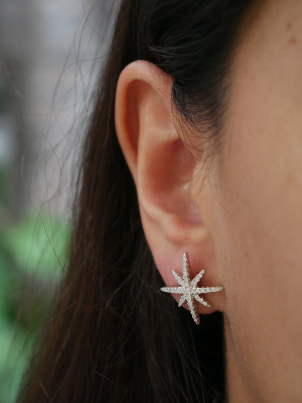 Snowflake earrings OR starburst earrings OR star Earrings  AND studs unique trending diamond cz cubic zirconia white gold .925 sterling silver waterproof designer inspired unique trending gift idea. Event earrings . Large studs unique jewelry store. Shopping in Miami, Brickell. trending on instagram and tiktok. designer inspired earrings. Kesley Boutique 
