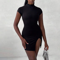 Sexy Half Turtleneck Design Lace up Bare Back Side Slit Hip Dress