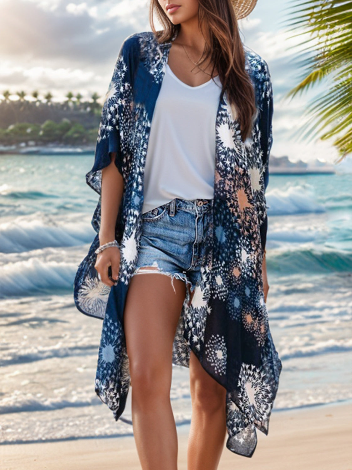 Swimsuit  Cover-Up Printed Open Front Cover-Up and Fashion Kimono