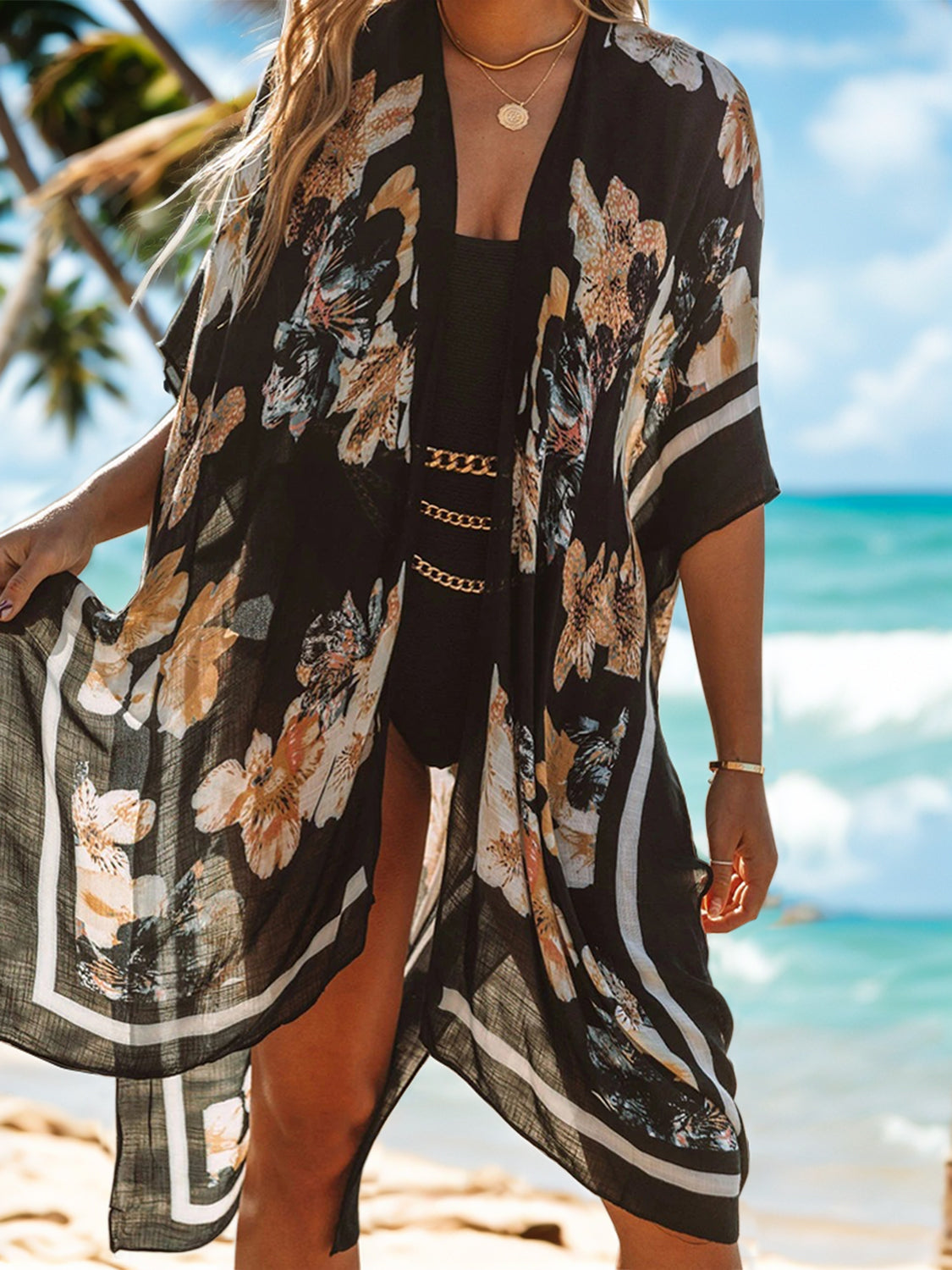 Swimsuit  Cover-Up Printed Open Front Cover-Up and Fashion Kimono
